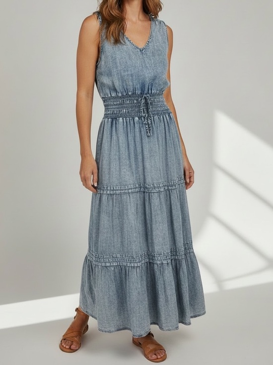 Jane and Delancey Dresses & Skirts - Jane + Delancy XL Blue Lyocell Chambray Tiered Maxi Dress Smocked Waist